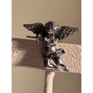 Vintage Avon Silver Tone Cherub Angel Flute Player Lapel Pin Brooch